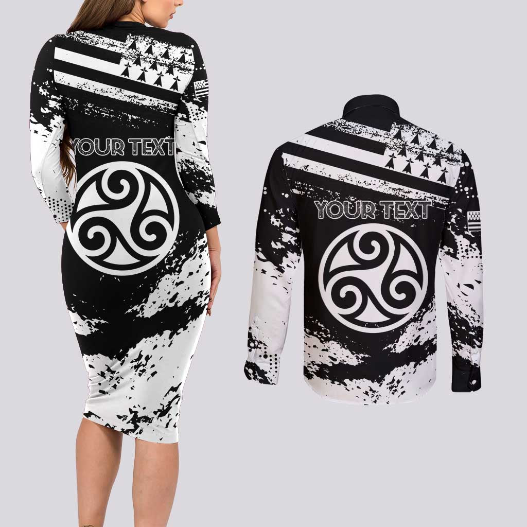 Personalized Brittany Couples Matching Long Sleeve Bodycon Dress and Long Sleeve Button Shirt Coat Of Arms With Triskelion - Grunge Style - Wonder Print Shop