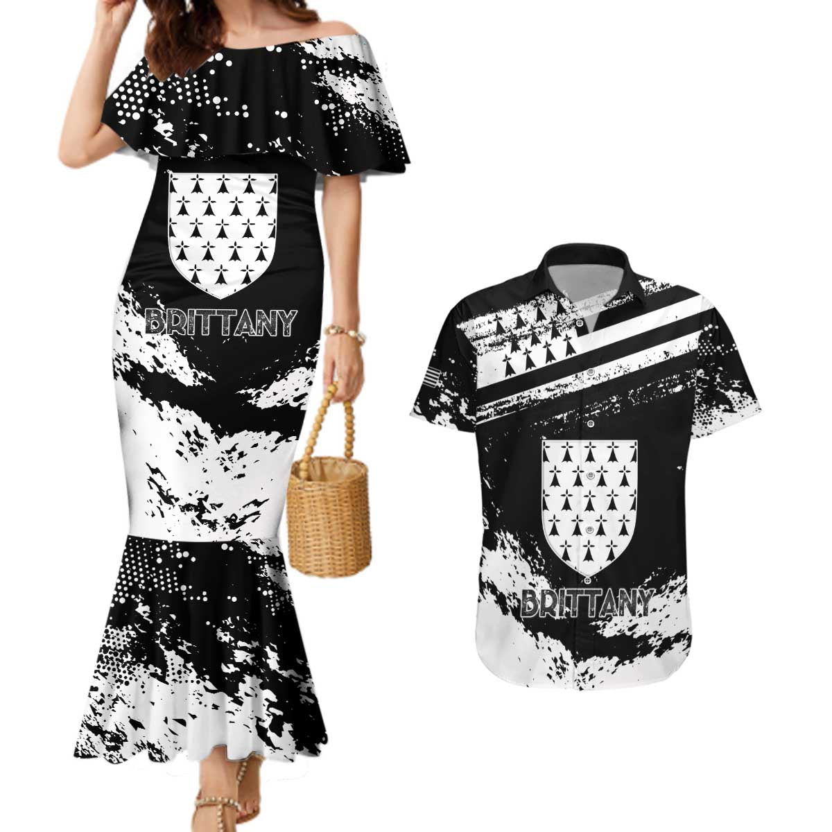 Personalized Brittany Couples Matching Mermaid Dress and Hawaiian Shirt Coat Of Arms With Triskelion - Grunge Style - Wonder Print Shop