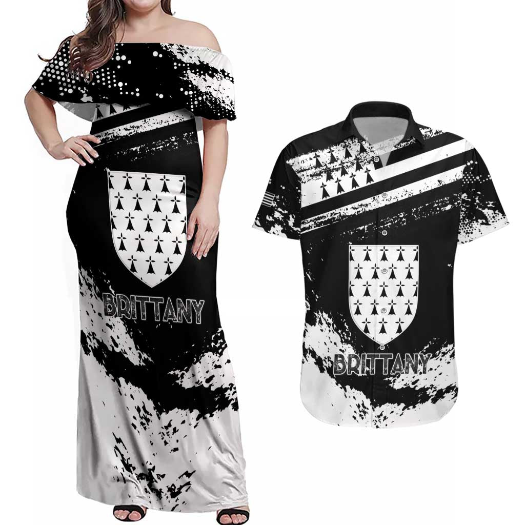 Personalized Brittany Couples Matching Off Shoulder Maxi Dress and Hawaiian Shirt Coat Of Arms With Triskelion - Grunge Style - Wonder Print Shop