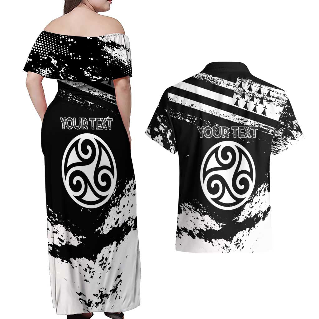 Personalized Brittany Couples Matching Off Shoulder Maxi Dress and Hawaiian Shirt Coat Of Arms With Triskelion - Grunge Style - Wonder Print Shop