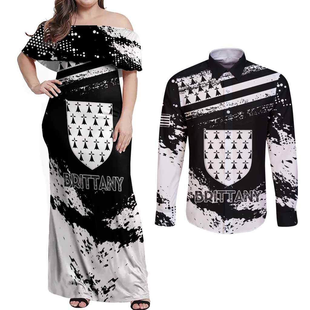 Personalized Brittany Couples Matching Off Shoulder Maxi Dress and Long Sleeve Button Shirt Coat Of Arms With Triskelion - Grunge Style - Wonder Print Shop