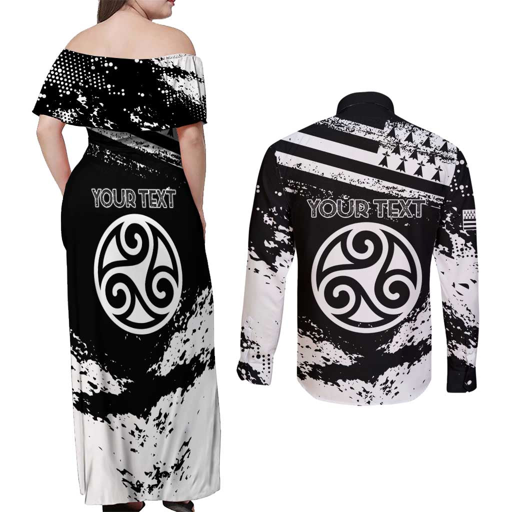 Personalized Brittany Couples Matching Off Shoulder Maxi Dress and Long Sleeve Button Shirt Coat Of Arms With Triskelion - Grunge Style - Wonder Print Shop