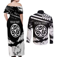 Personalized Brittany Couples Matching Off Shoulder Maxi Dress and Long Sleeve Button Shirt Coat Of Arms With Triskelion - Grunge Style - Wonder Print Shop