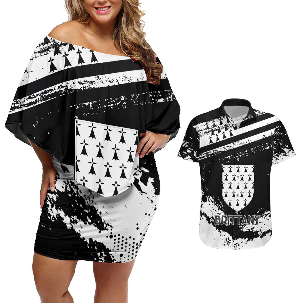 Personalized Brittany Couples Matching Off Shoulder Short Dress and Hawaiian Shirt Coat Of Arms With Triskelion - Grunge Style - Wonder Print Shop