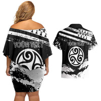 Personalized Brittany Couples Matching Off Shoulder Short Dress and Hawaiian Shirt Coat Of Arms With Triskelion - Grunge Style - Wonder Print Shop