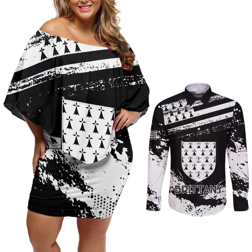 Personalized Brittany Couples Matching Off Shoulder Short Dress and Long Sleeve Button Shirt Coat Of Arms With Triskelion - Grunge Style - Wonder Print Shop