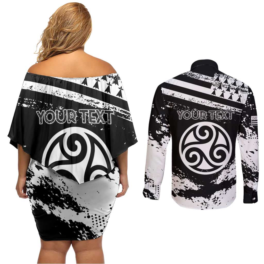 Personalized Brittany Couples Matching Off Shoulder Short Dress and Long Sleeve Button Shirt Coat Of Arms With Triskelion - Grunge Style - Wonder Print Shop