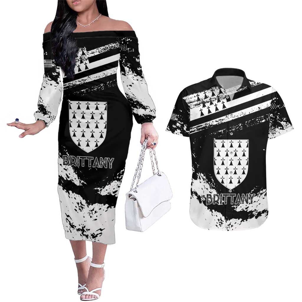 Personalized Brittany Couples Matching Off The Shoulder Long Sleeve Dress and Hawaiian Shirt Coat Of Arms With Triskelion - Grunge Style - Wonder Print Shop