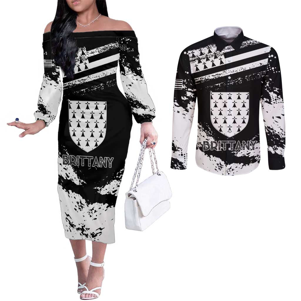 Personalized Brittany Couples Matching Off The Shoulder Long Sleeve Dress and Long Sleeve Button Shirt Coat Of Arms With Triskelion - Grunge Style - Wonder Print Shop