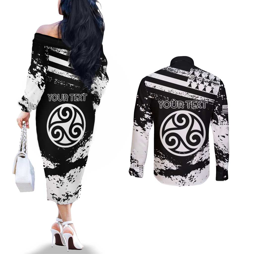 Personalized Brittany Couples Matching Off The Shoulder Long Sleeve Dress and Long Sleeve Button Shirt Coat Of Arms With Triskelion - Grunge Style - Wonder Print Shop