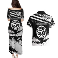 Personalized Brittany Couples Matching Puletasi and Hawaiian Shirt Coat Of Arms With Triskelion - Grunge Style - Wonder Print Shop