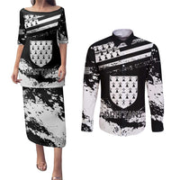 Personalized Brittany Couples Matching Puletasi and Long Sleeve Button Shirt Coat Of Arms With Triskelion - Grunge Style - Wonder Print Shop