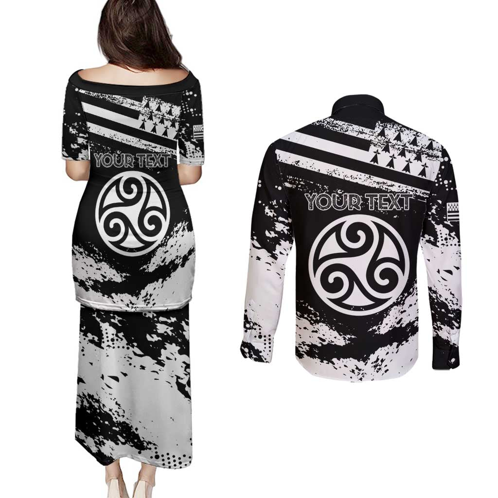 Personalized Brittany Couples Matching Puletasi and Long Sleeve Button Shirt Coat Of Arms With Triskelion - Grunge Style - Wonder Print Shop