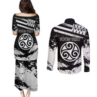 Personalized Brittany Couples Matching Puletasi and Long Sleeve Button Shirt Coat Of Arms With Triskelion - Grunge Style - Wonder Print Shop