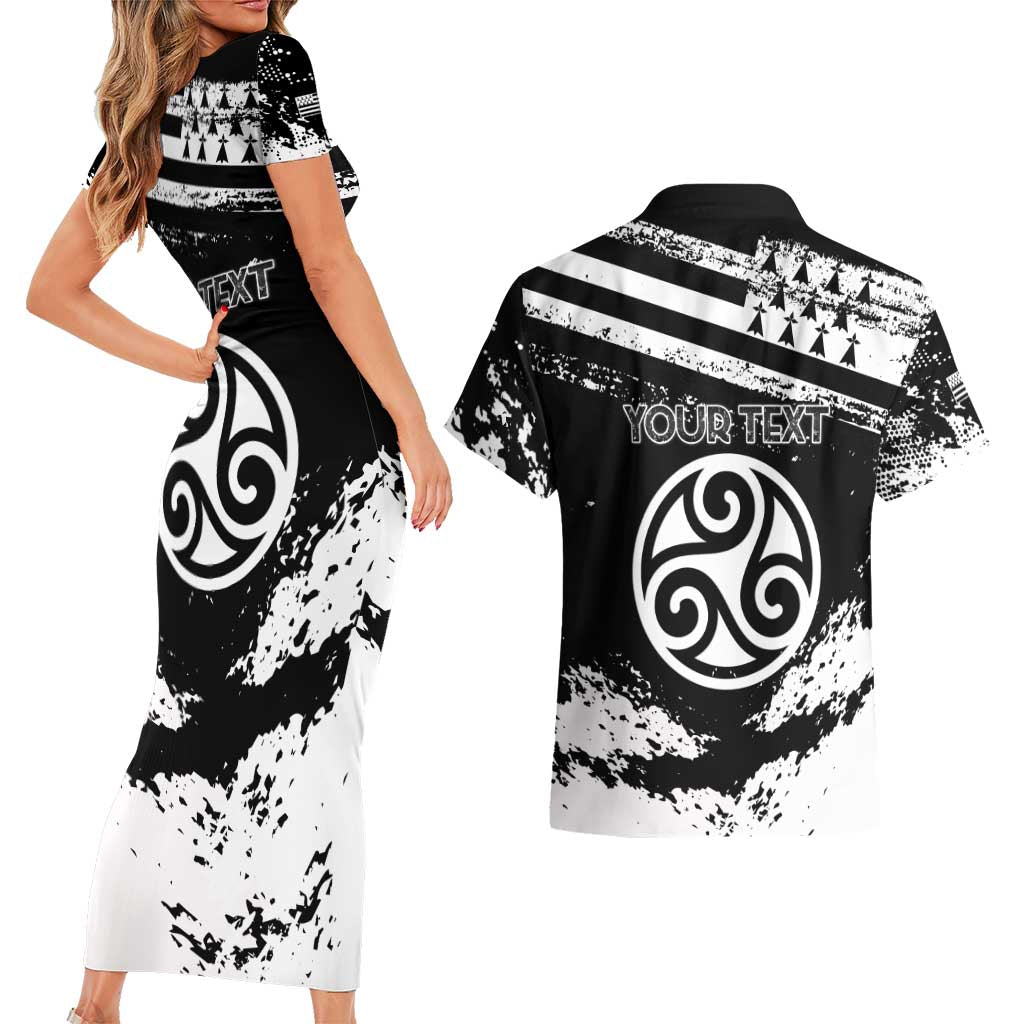 Personalized Brittany Couples Matching Short Sleeve Bodycon Dress and Hawaiian Shirt Coat Of Arms With Triskelion - Grunge Style - Wonder Print Shop