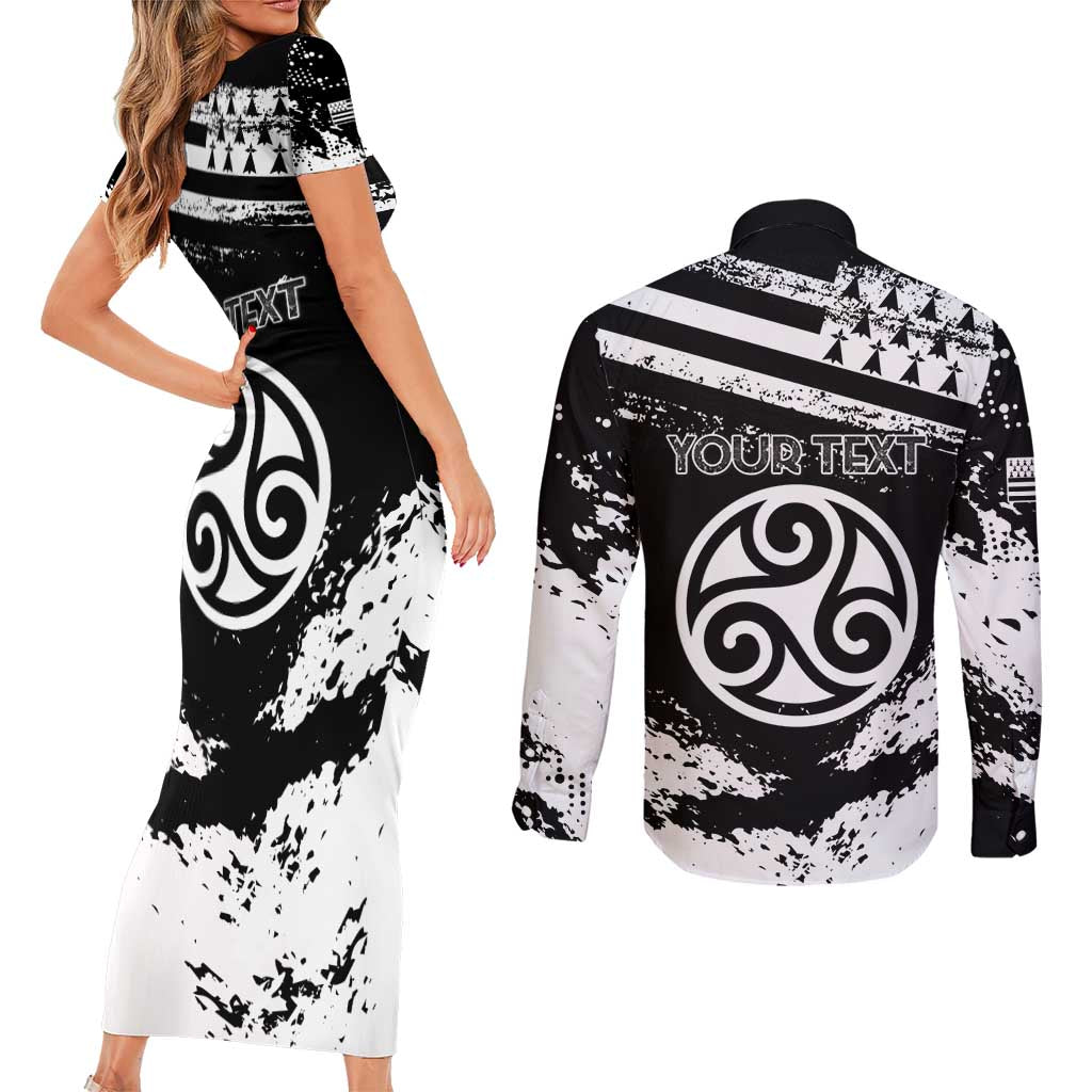 Personalized Brittany Couples Matching Short Sleeve Bodycon Dress and Long Sleeve Button Shirt Coat Of Arms With Triskelion - Grunge Style - Wonder Print Shop