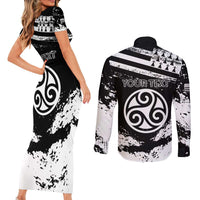 Personalized Brittany Couples Matching Short Sleeve Bodycon Dress and Long Sleeve Button Shirt Coat Of Arms With Triskelion - Grunge Style - Wonder Print Shop