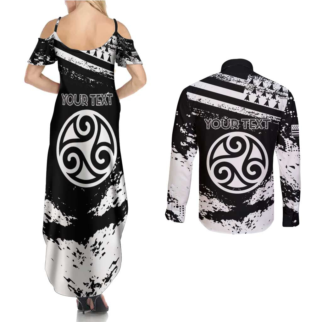 Personalized Brittany Couples Matching Summer Maxi Dress and Long Sleeve Button Shirt Coat Of Arms With Triskelion - Grunge Style - Wonder Print Shop