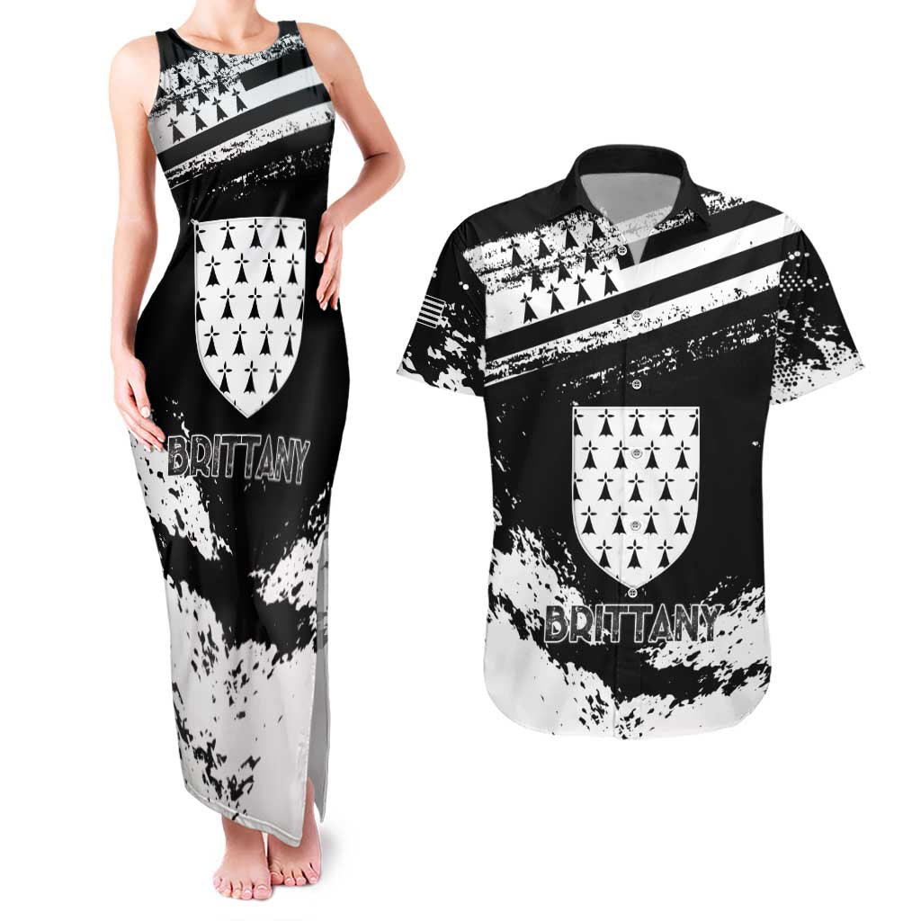 Personalized Brittany Couples Matching Tank Maxi Dress and Hawaiian Shirt Coat Of Arms With Triskelion - Grunge Style - Wonder Print Shop