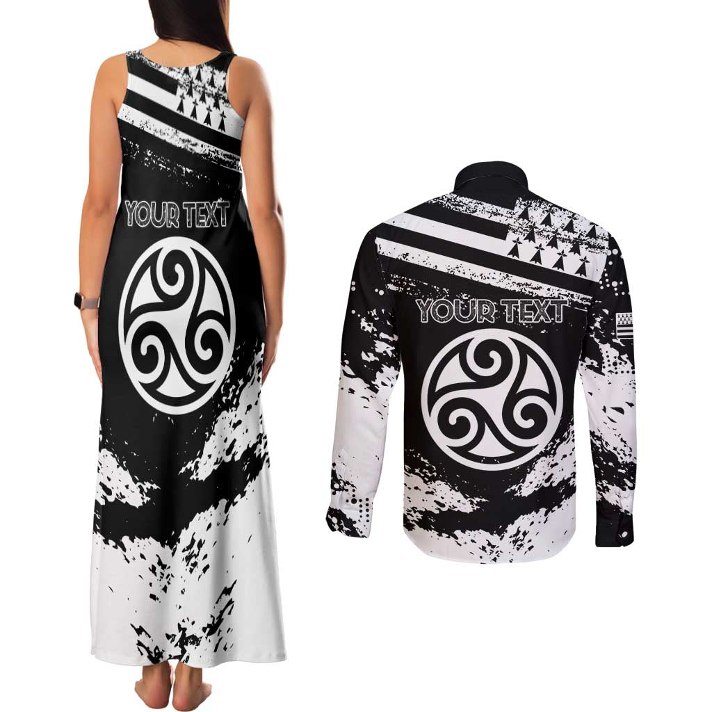 Personalized Brittany Couples Matching Tank Maxi Dress and Long Sleeve Button Shirt Coat Of Arms With Triskelion - Grunge Style - Wonder Print Shop