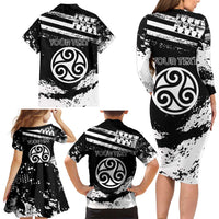 Personalized Brittany Family Matching Long Sleeve Bodycon Dress and Hawaiian Shirt Coat Of Arms With Triskelion - Grunge Style - Wonder Print Shop