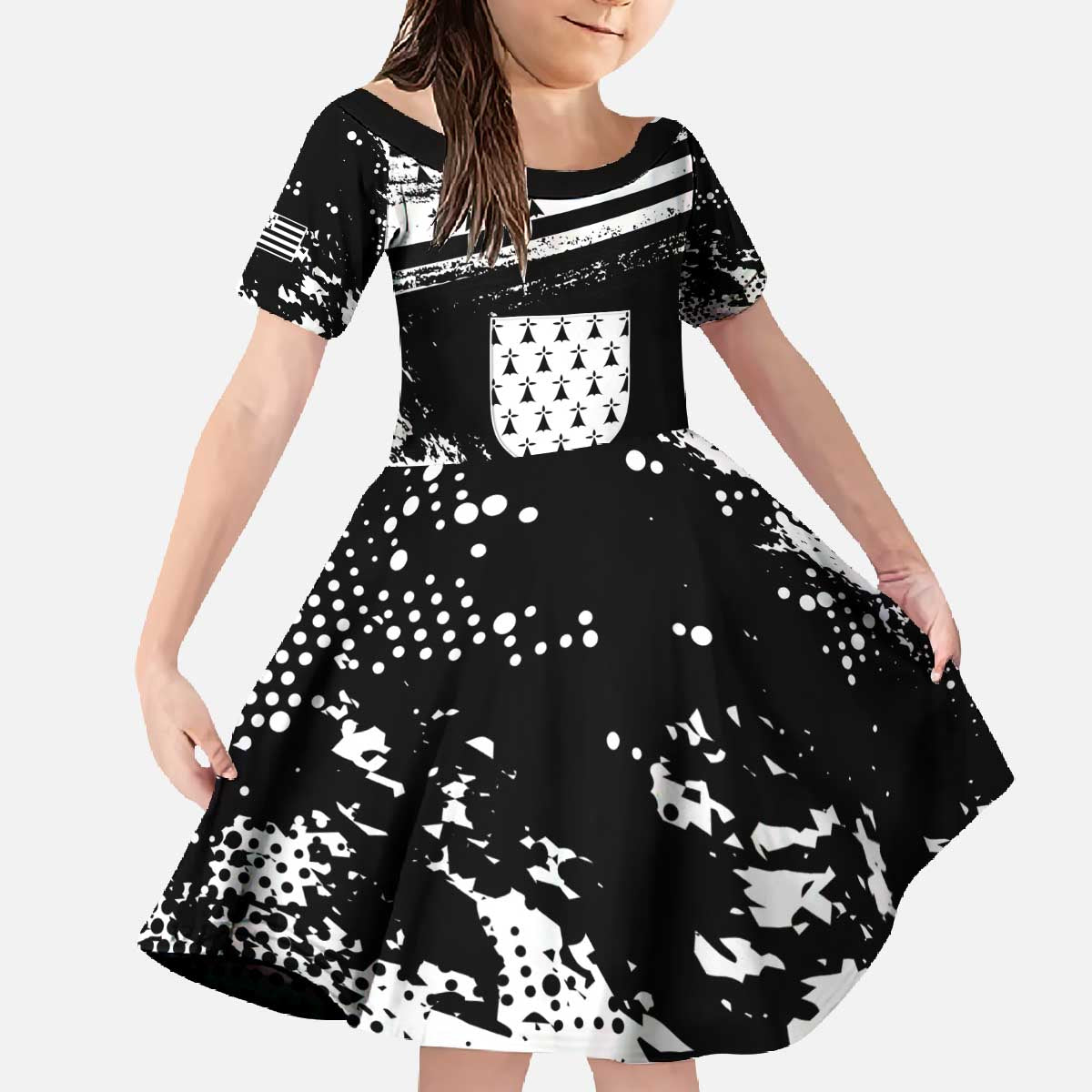 Personalized Brittany Family Matching Off The Shoulder Long Sleeve Dress and Hawaiian Shirt Coat Of Arms With Triskelion - Grunge Style - Wonder Print Shop