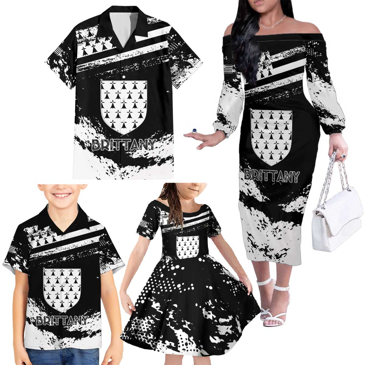 Personalized Brittany Family Matching Off The Shoulder Long Sleeve Dress and Hawaiian Shirt Coat Of Arms With Triskelion - Grunge Style - Wonder Print Shop