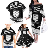 Personalized Brittany Family Matching Off The Shoulder Long Sleeve Dress and Hawaiian Shirt Coat Of Arms With Triskelion - Grunge Style - Wonder Print Shop