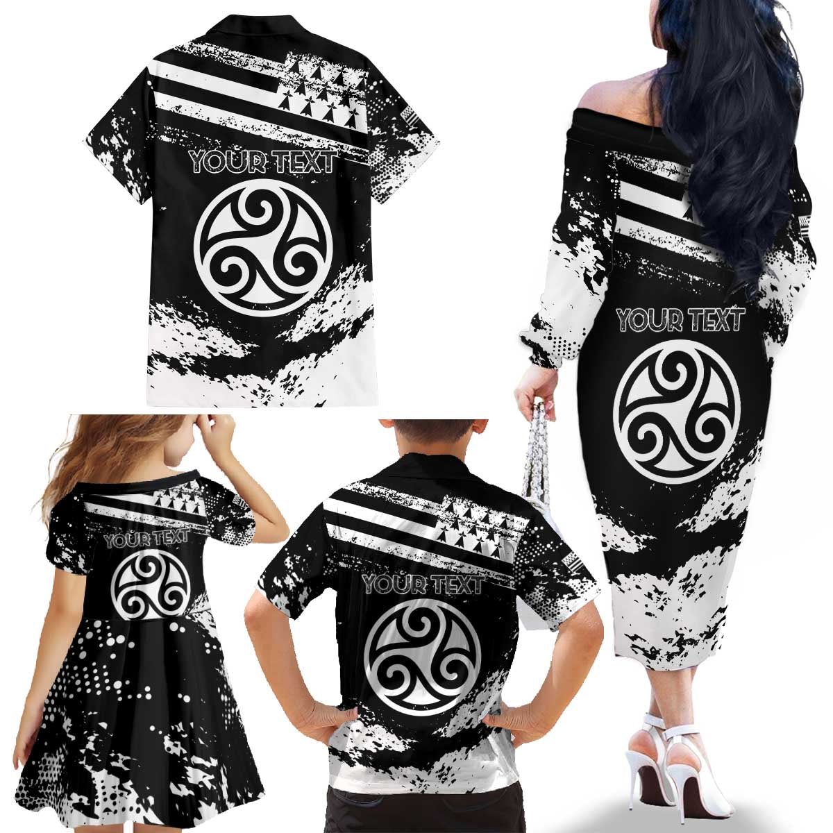 Personalized Brittany Family Matching Off The Shoulder Long Sleeve Dress and Hawaiian Shirt Coat Of Arms With Triskelion - Grunge Style - Wonder Print Shop
