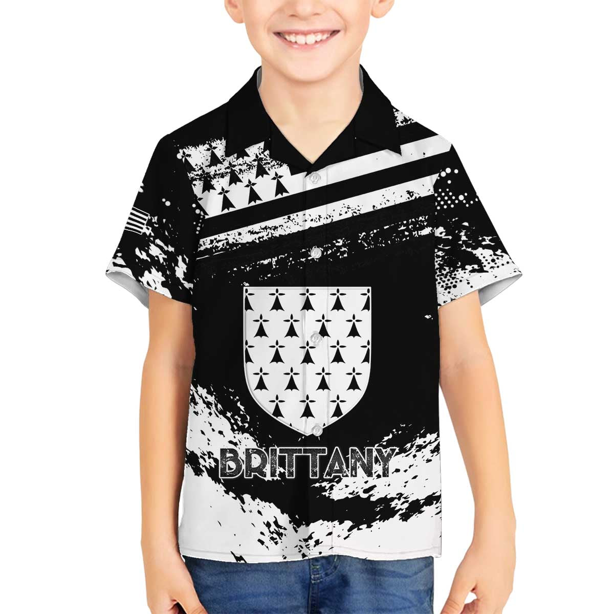 Personalized Brittany Family Matching Off The Shoulder Long Sleeve Dress and Hawaiian Shirt Coat Of Arms With Triskelion - Grunge Style - Wonder Print Shop