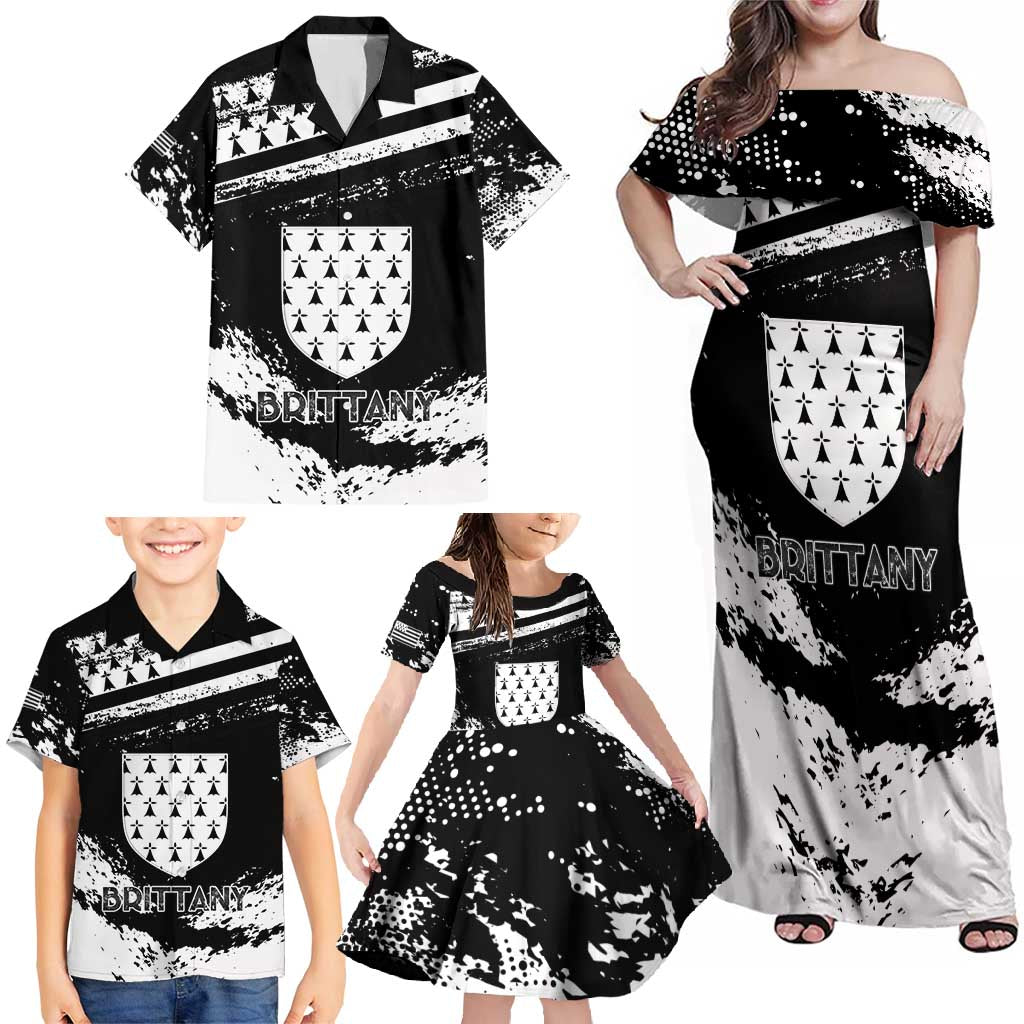 Personalized Brittany Family Matching Off Shoulder Maxi Dress and Hawaiian Shirt Coat Of Arms With Triskelion - Grunge Style - Wonder Print Shop