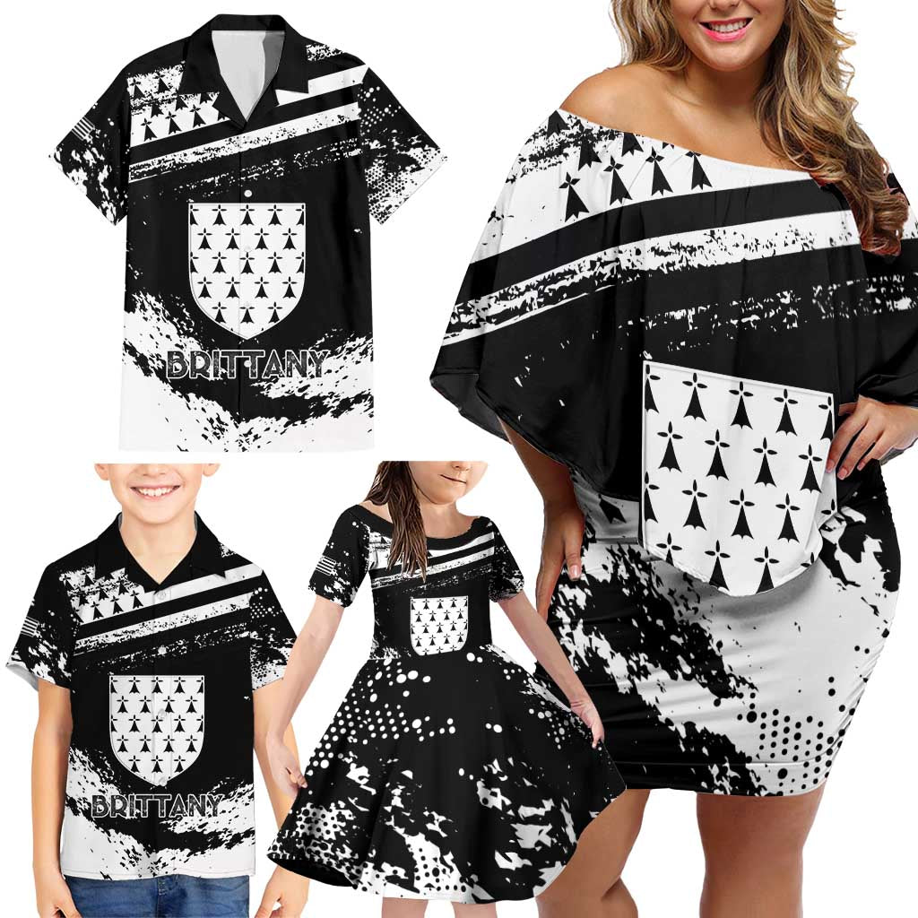 Personalized Brittany Family Matching Off Shoulder Short Dress and Hawaiian Shirt Coat Of Arms With Triskelion - Grunge Style - Wonder Print Shop