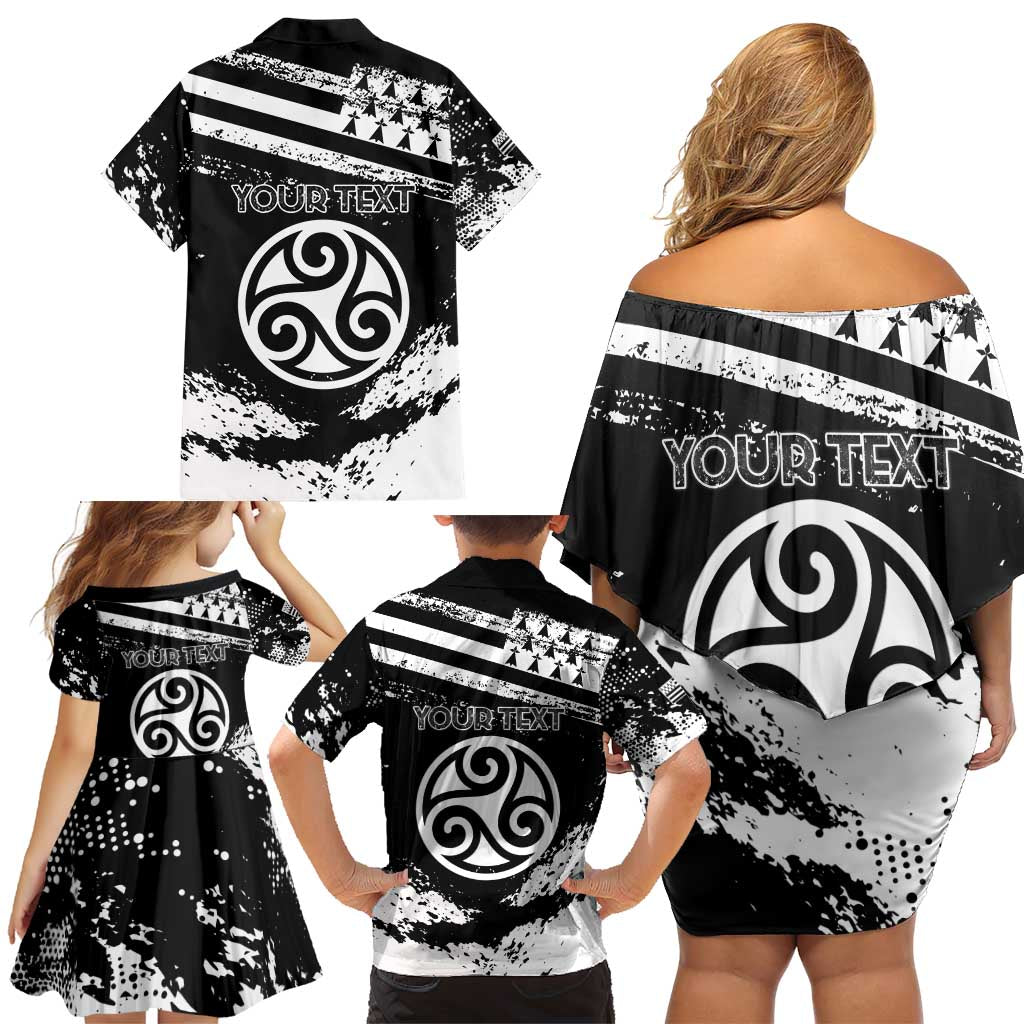 Personalized Brittany Family Matching Off Shoulder Short Dress and Hawaiian Shirt Coat Of Arms With Triskelion - Grunge Style - Wonder Print Shop
