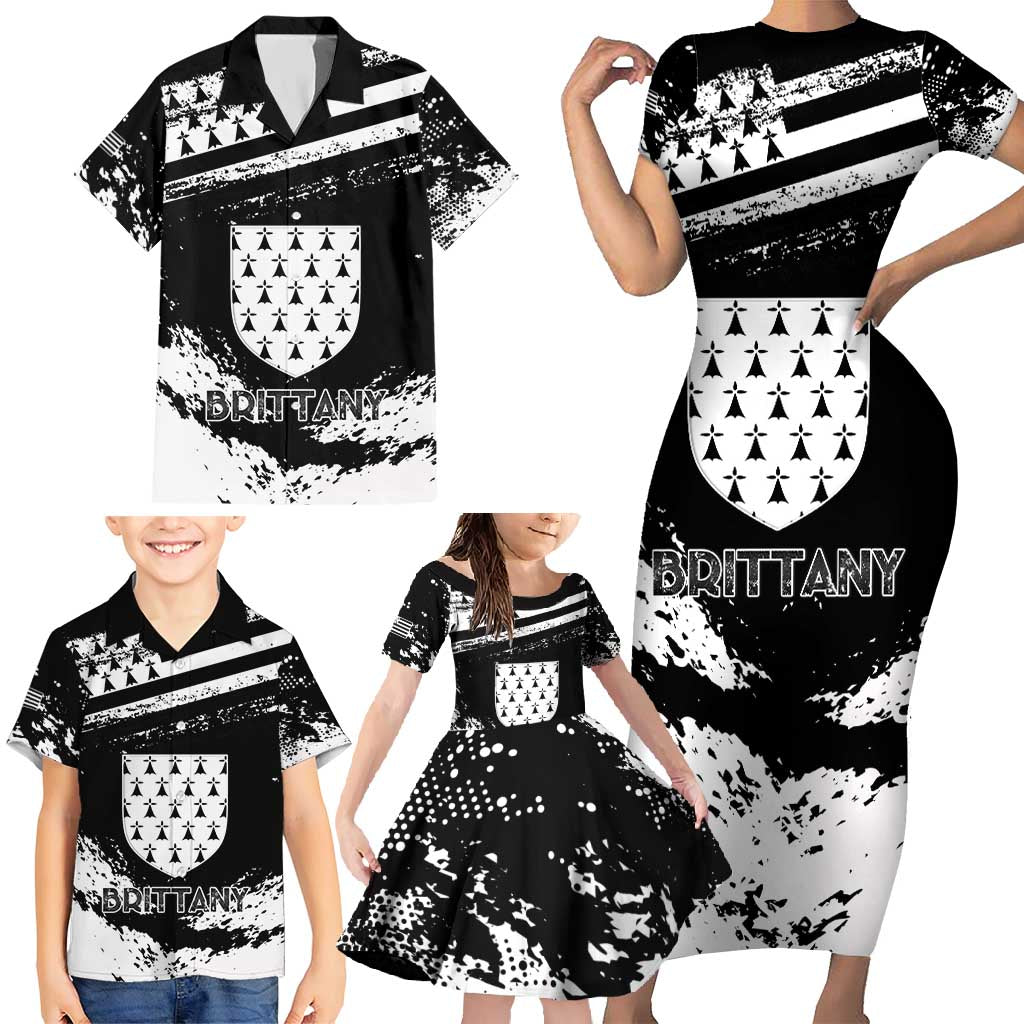Personalized Brittany Family Matching Short Sleeve Bodycon Dress and Hawaiian Shirt Coat Of Arms With Triskelion - Grunge Style - Wonder Print Shop