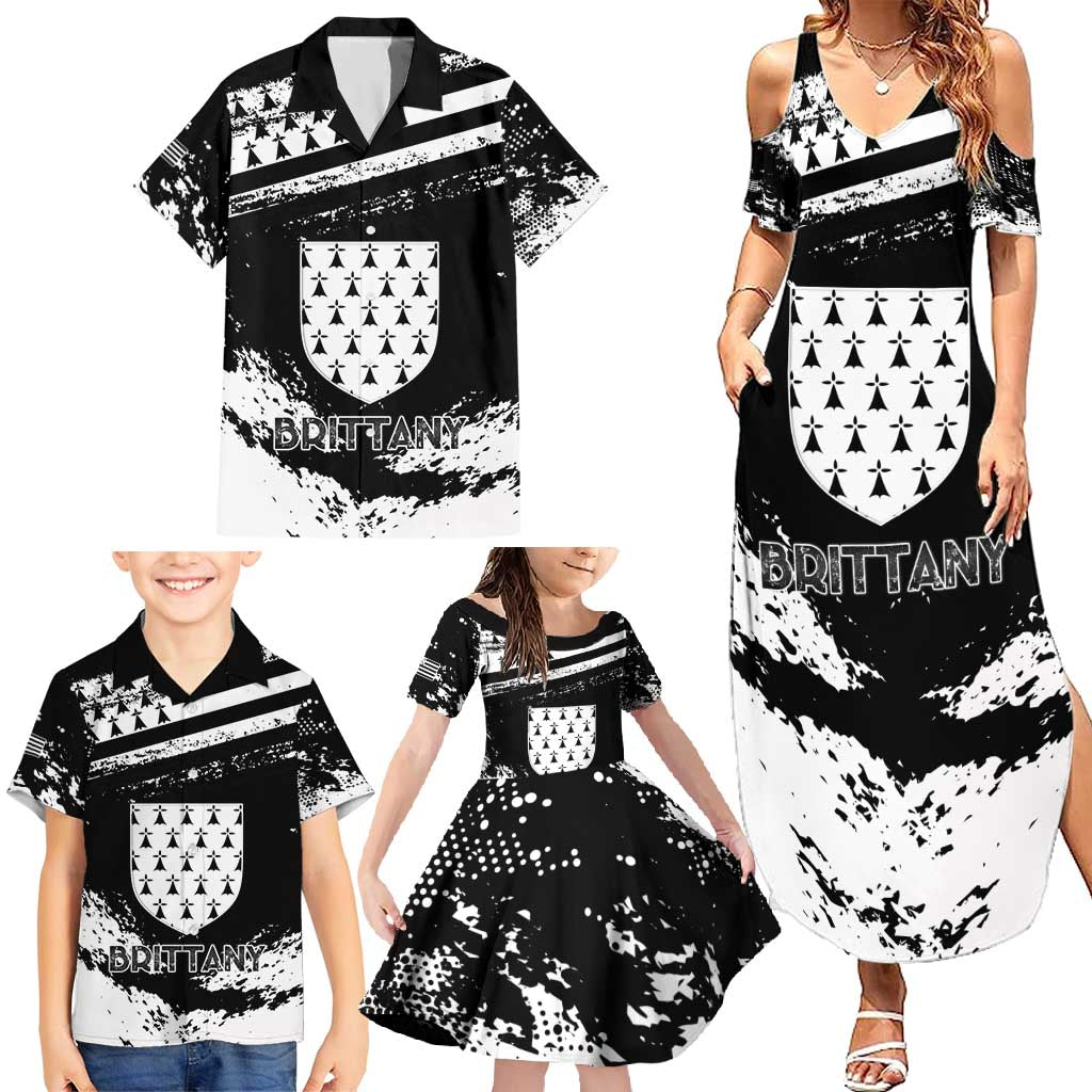 Personalized Brittany Family Matching Summer Maxi Dress and Hawaiian Shirt Coat Of Arms With Triskelion - Grunge Style - Wonder Print Shop