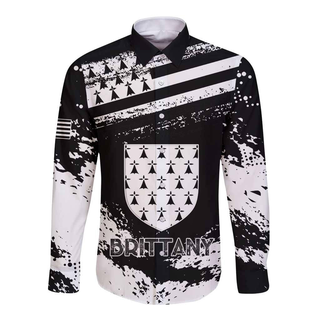 Personalized Brittany Long Sleeve Button Shirt Coat Of Arms With Triskelion - Grunge Style - Wonder Print Shop