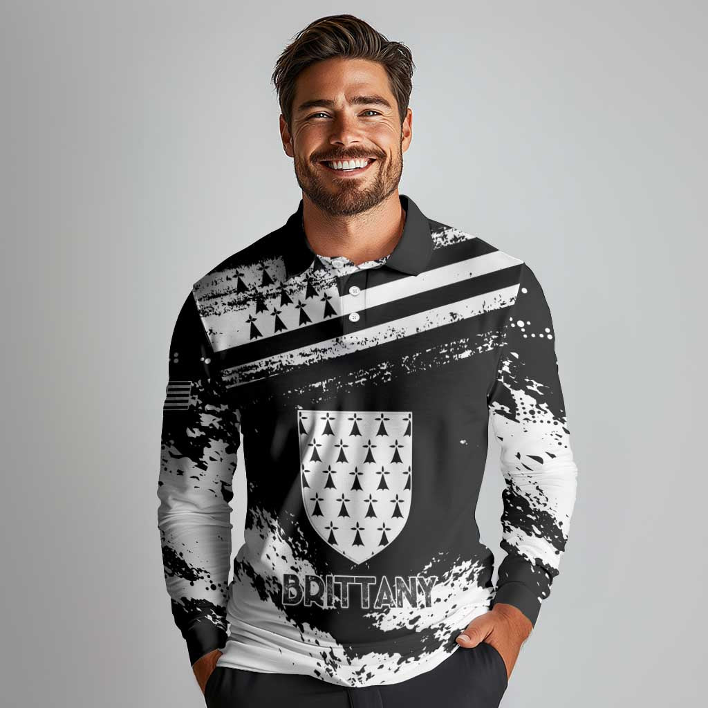 Personalized Brittany Long Sleeve Polo Shirt Coat Of Arms With Triskelion - Grunge Style - Wonder Print Shop