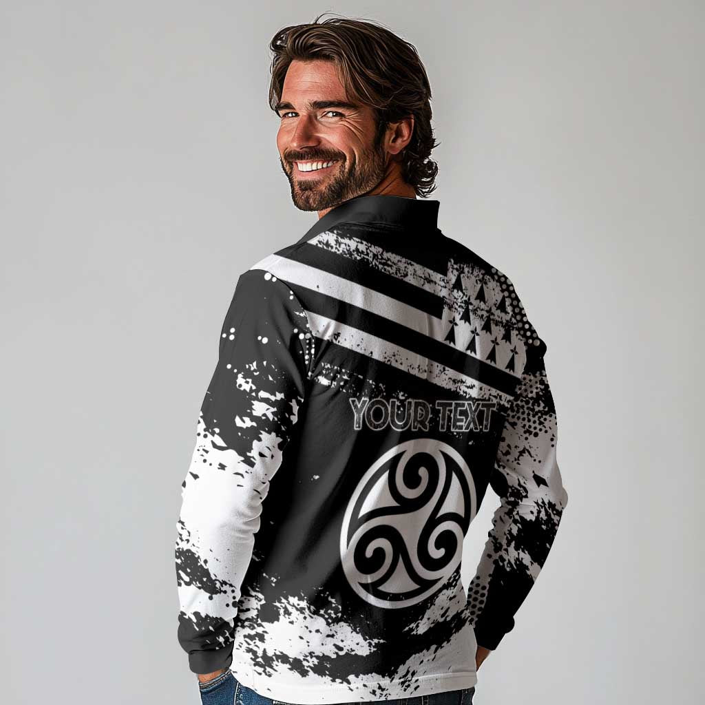 Personalized Brittany Long Sleeve Polo Shirt Coat Of Arms With Triskelion - Grunge Style - Wonder Print Shop