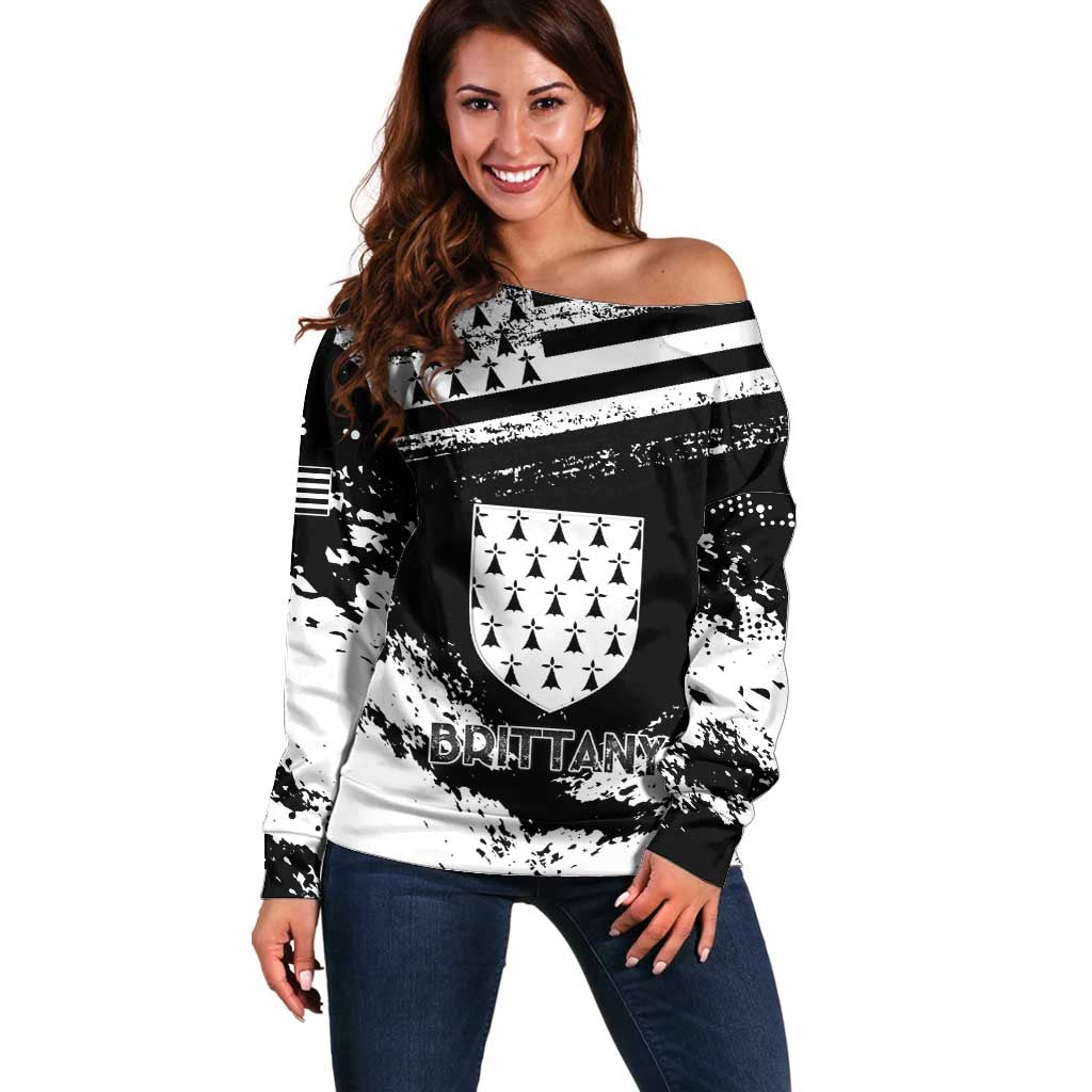 Personalized Brittany Off Shoulder Sweater Coat Of Arms With Triskelion - Grunge Style - Wonder Print Shop