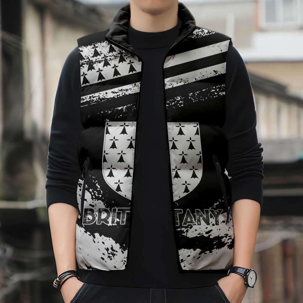 Personalized Brittany Sleeveless Puffer Jacket Coat Of Arms With Triskelion - Grunge Style - Wonder Print Shop