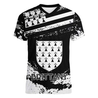 Personalized Brittany Women V-Neck T-Shirt Coat Of Arms With Triskelion - Grunge Style - Wonder Print Shop