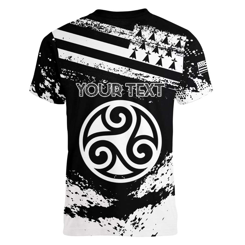 Personalized Brittany Women V-Neck T-Shirt Coat Of Arms With Triskelion - Grunge Style - Wonder Print Shop