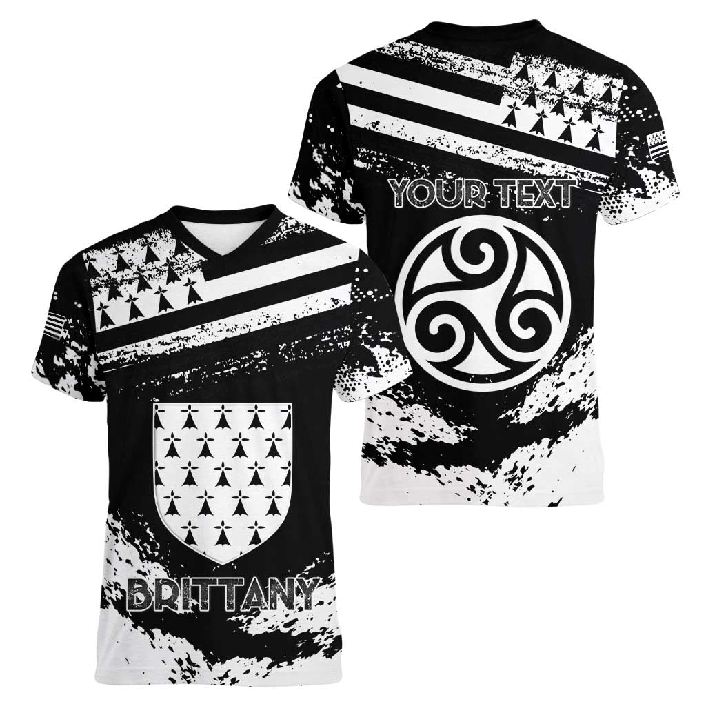Personalized Brittany Women V-Neck T-Shirt Coat Of Arms With Triskelion - Grunge Style - Wonder Print Shop
