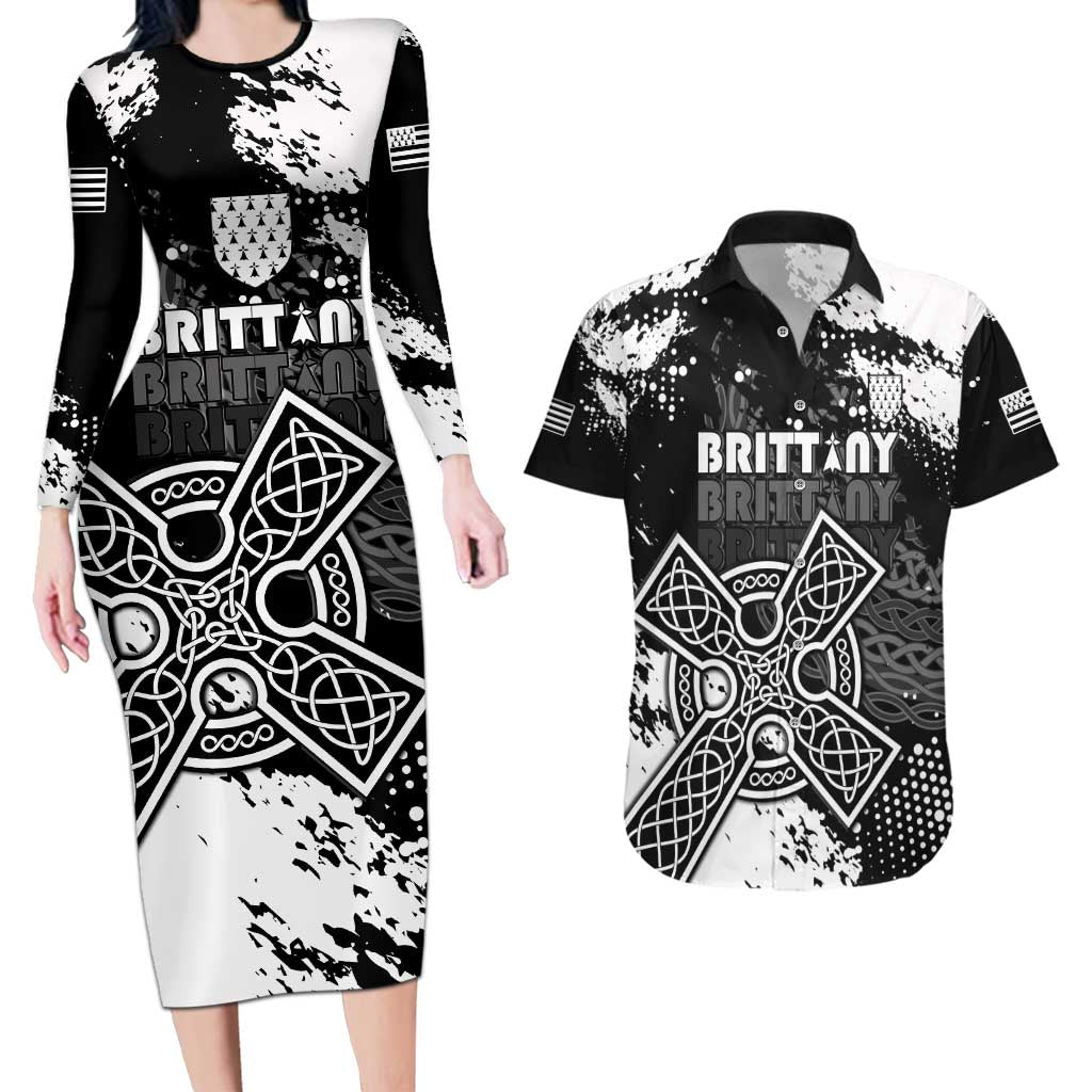 Personalized Brittany Celtic Cross Couples Matching Long Sleeve Bodycon Dress and Hawaiian Shirt With Celtic Knotwork - Wonder Print Shop