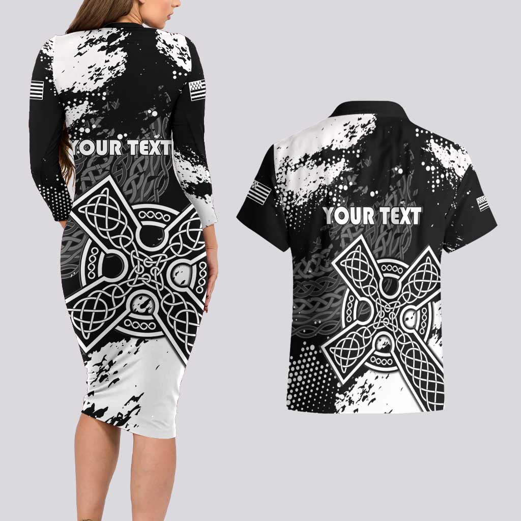 Personalized Brittany Celtic Cross Couples Matching Long Sleeve Bodycon Dress and Hawaiian Shirt With Celtic Knotwork - Wonder Print Shop