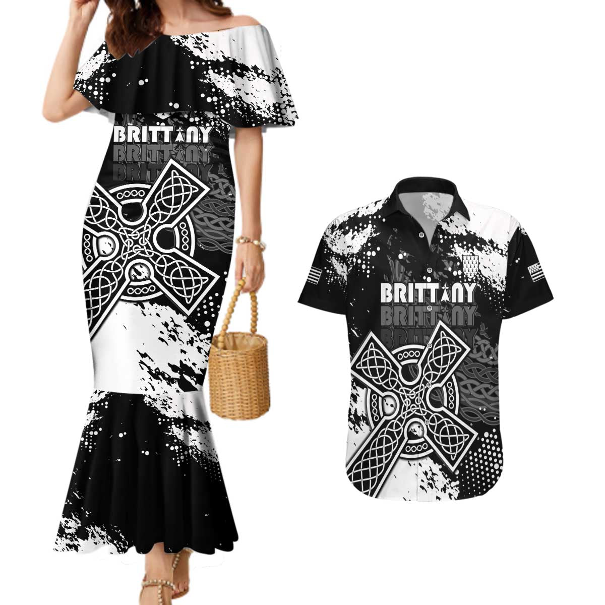 Personalized Brittany Celtic Cross Couples Matching Mermaid Dress and Hawaiian Shirt With Celtic Knotwork - Wonder Print Shop