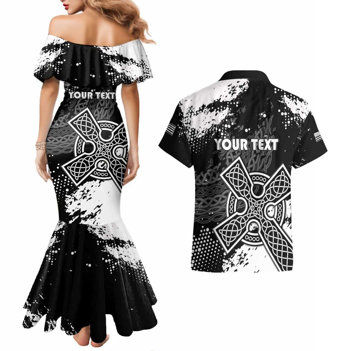 Personalized Brittany Celtic Cross Couples Matching Mermaid Dress and Hawaiian Shirt With Celtic Knotwork - Wonder Print Shop
