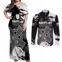 Personalized Brittany Celtic Cross Couples Matching Off Shoulder Maxi Dress and Long Sleeve Button Shirt With Celtic Knotwork - Wonder Print Shop