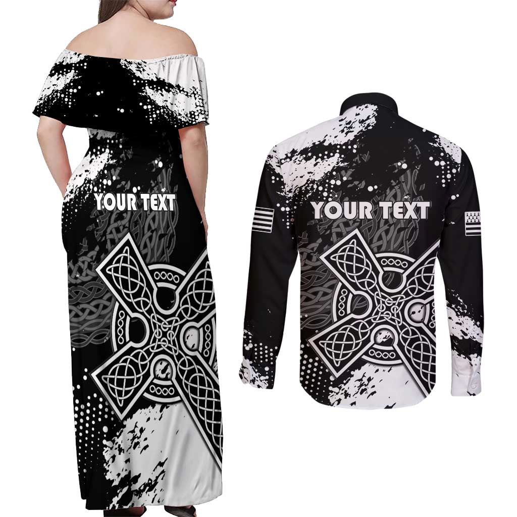 Personalized Brittany Celtic Cross Couples Matching Off Shoulder Maxi Dress and Long Sleeve Button Shirt With Celtic Knotwork - Wonder Print Shop