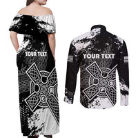Personalized Brittany Celtic Cross Couples Matching Off Shoulder Maxi Dress and Long Sleeve Button Shirt With Celtic Knotwork - Wonder Print Shop